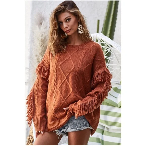 024 Cozy Pink Fringe detail Sweater Top - Picture 5 of 7